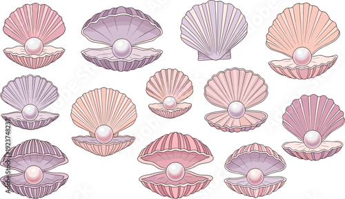 Pastel pearl scallop shell collection. Elegant open sea shells with shiny pearls set. Soft vintage marine illustration isolated on transparent background.