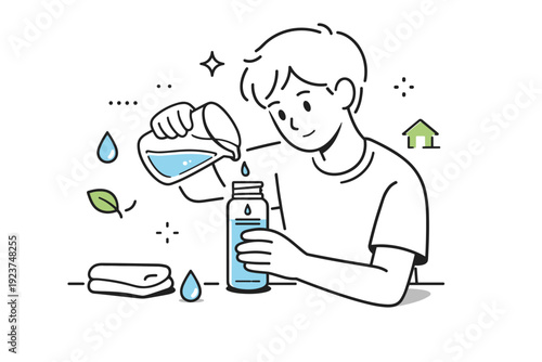 Water scarcity lifestyle visuals. A person carefully pours water into a reusable bottle, paying close attention to every drop. Everyday conservation moment