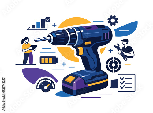 Smart tools. Electric drill with subtle digital icons and UI elements floating around,