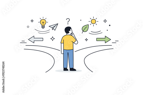 Free will. Person standing at a forked path choosing between two simple directions, calm and thoughtful decision moment. Abstract symbols and