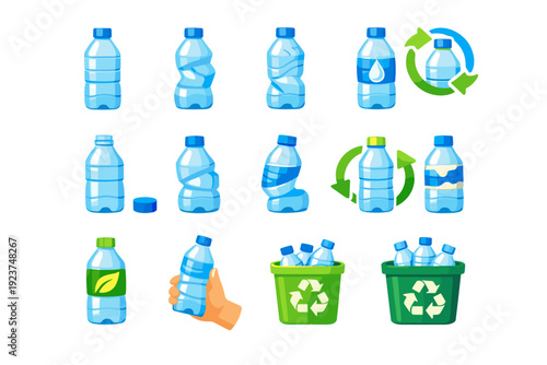 Used water bottle. Colorful flat vector icons set of used water bottle: empty plastic bottle, dented bottle, bottle with scratches, reused