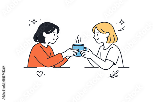 Small gestures interactions between friends. One person offers a cup, adjusts a scarf, or lightly touches an arm, showing care through simple