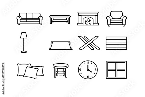 Modern farmhouse living room. Line icon set of Modern farmhouse living room: sofa, coffee table, fireplace, armchair, floor lamp, area rug, wooden beams,