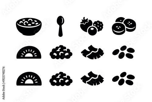 Smoothie Bowl Icons. Smoothie bowl delight. Filled icon set of Smoothie bowl delight: smoothie bowl, spoon,