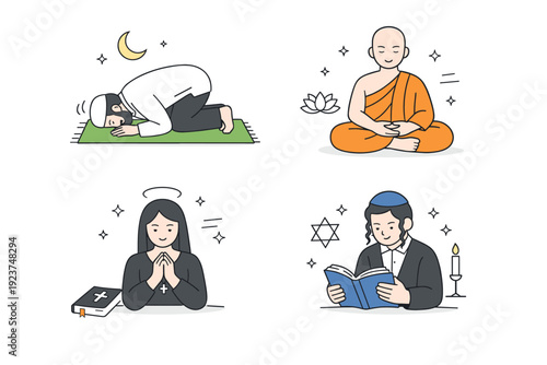 Spiritual practices in different religions. Simple characters engaged in prayer, mindfulness, and ritual reading, shown as quiet daily