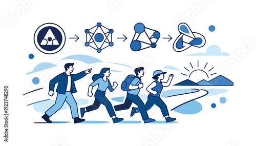 Future of organizations. DAO symbol evolving into new shapes, people moving forward together