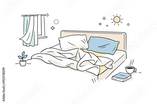 Beds after waking up. Morning bedroom scene with blanket half-folded, pillow slightly off-center, and light curtains nearby. Natural imperfection and lived-in