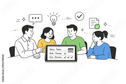 Shared accountability. A manager and team members discussing progress around a tablet showing clear roles and timelines. Open communication and transparent