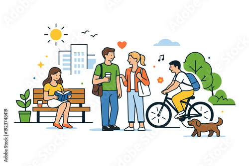 Spring urban lifestyle people enjoying a relaxed city moment with light clothing, greenery and simple architecture, expressing balance