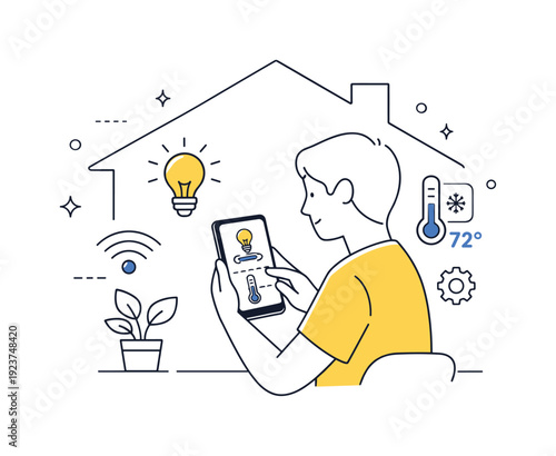 Man controlling smart home devices with a mobile app, showing light and temperature settings