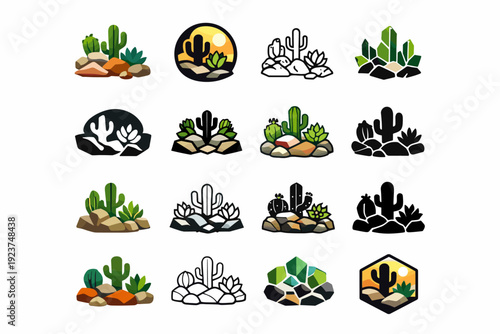 Creating a rock garden with succulents and cacti. Icon set. Set Logo of Creating a rock garden with succulents and cacti: dry