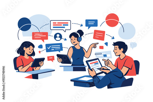 Classroom of the future. Students using interactive textbooks on tablets, shared highlights