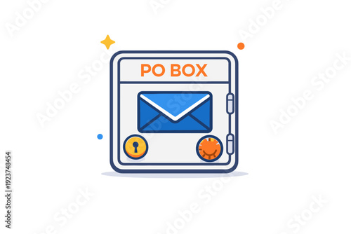 PO box door shown as a simple geometric panel with a mail icon, representing modern postal access and straightforward personal delivery.