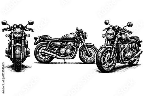 Comic style halftone motorcycle depicted as one standalone motorcycle object shown in three views: front view, side view, and three-quarter