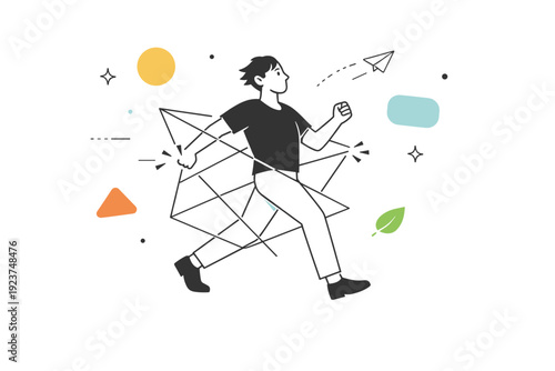 Free will. Character breaking free from light geometric lines that suggest constraints, moving forward with confidence. Calm empowering mood
