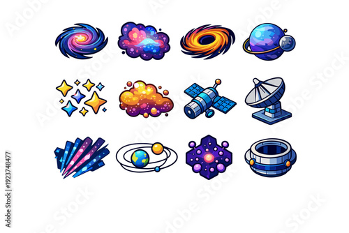 Outer space. Colorful isometric vector icons set of outer space: deep space galaxy, nebula cloud, black hole, distant exoplanet, star field, cosmic dust, space