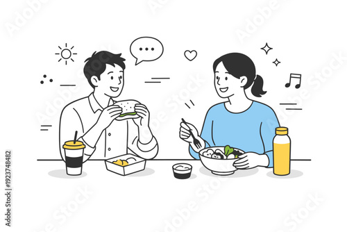 Colleagues Lunch Together. Lunch break ritual. Two colleagues sitting together and sharing a meal, friendly interaction and light conversation. The atmosphere