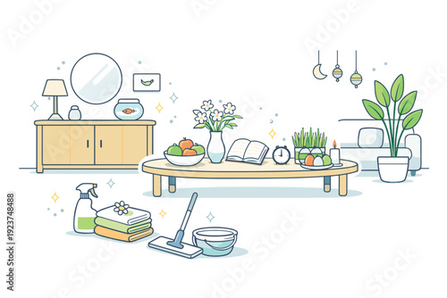 Peaceful cleaning moment. A minimal interior with freshly cleaned surfaces, plants, and light decorative elements in place. Serenity,