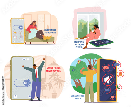 Diverse people consciously opting to give up gadgets to improve mental wellbeing and manage stress