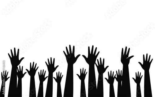 Protest and togetherness icon with raised hand silhouettes representing collective action, activism, and solidarity in vector format