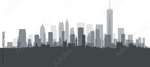 New York City skyline silhouette vector illustration with One World Trade Center spire, urban architecture, layered modern buildings for stock content