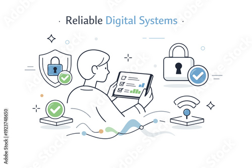 Reliable digital systems concept. User reviewing information on a device with lock icons and smooth indicators of stability. Sense of