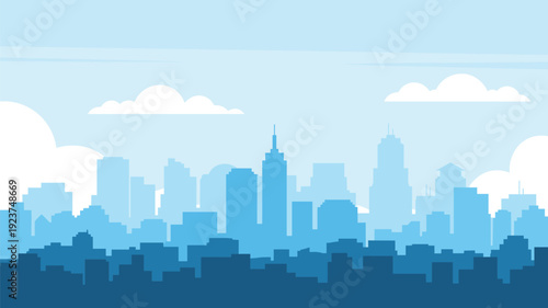 Stylized layered blue city skyline vector illustration with skyscrapers, spires, clouds, urban architecture panorama design for stock content SEO optimization