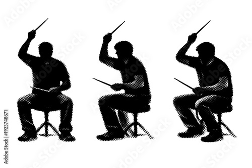 Musician silhouette a drummer captured mid-play with raised arm and compact seated posture shown from front view side view and angled view