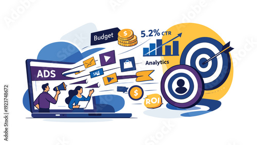 Paid digital advertising. Ads launch from a screen toward target icons, budgets and metrics