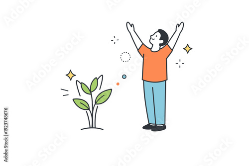 Growth and Renewal. People symbolizing fresh start or personal growth. A person standing beside a small plant that mirrors their posture, both growing upward.