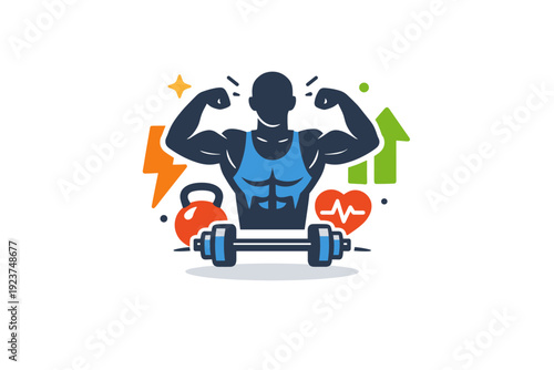 Fitness training a minimal badge with a strong human figure and energy accents representing power, commitment, and healthy