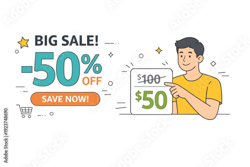 Promotions and discounts in advertising. Clean scene with a large discount banner and a person pointing at a reduced price card. Clear and