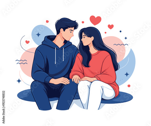 Physical presence. Couple sitting side by side, knees touching, calm expressions and