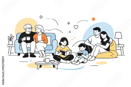 Multial living spaces redesign. A calm editorial scene showing different s relaxing together in a shared living room,