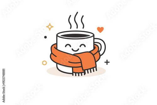 Warmth and comfort icon. Smiling mug wrapped in a scarf, friendly and reassuring seasonal symbol. Minimal abstract composition expressing