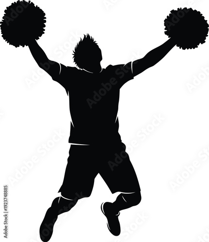Male cheerleader silhouette leaps high with pom-poms celebrating a victory.
