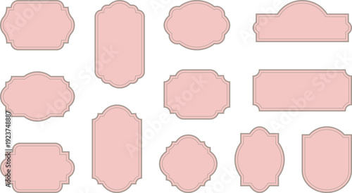 Ornate pastel pink label collection with classic frame. Vintage soft tags for cosmetics packaging, romantic wedding invitations and elegant boutique logos. Vector design template with blank space