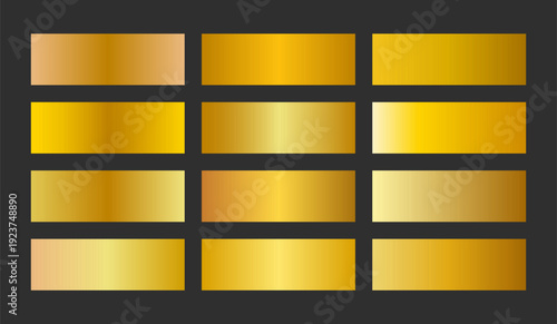Vibrant warm yellow gold gradient swatches collection. Metallic textures with polished foil shine and satin transitions. Bright palette for modern premium and luxury designs