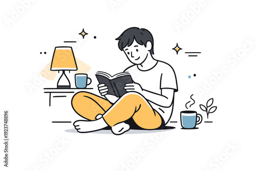 Evening reading atmosphere. A person reading under a warm lamp glow, relaxed posture and peaceful moment of concentration. Minimalist flat