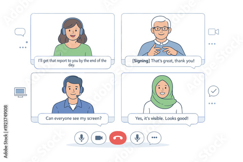 Inclusive remote meeting captions. A calm editorial scene of a video call interface with live captions displayed clearly beneath each speaker. The mood feels