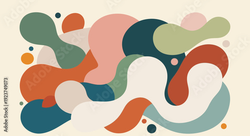 Abstract Organic Shapes Composition with Retro Color Palette, Fluid Blobs and Bubbles Illustration