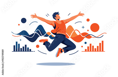 Rhythm in motion. Dancer jumping with arms wide, abstract sound waves and dots showing music