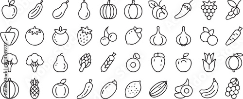 fruit icon grid vegetable line drawings for packaging and labels