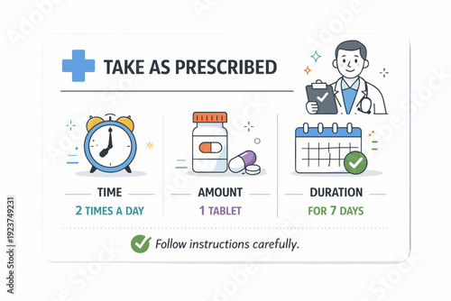 Doctor-approved instructions. A prescription card with simple icons for time, amount, and duration. The illustration represents clarity,