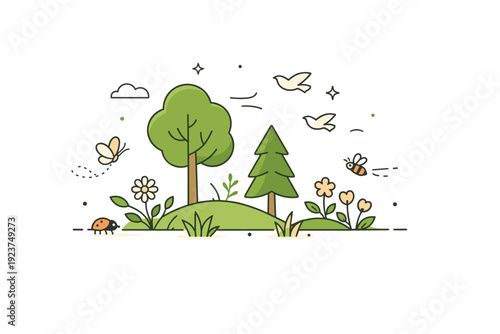 Restoring wild habitats. Minimal scene with trees, birds, insects, and flowers reappearing in a previously empty area, representing biodiversity and renewal.