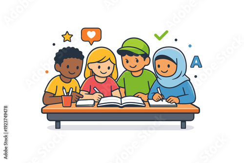 Classroom diversity represented through a group of simplified students with different skin tones and hairstyles gathered around a shared