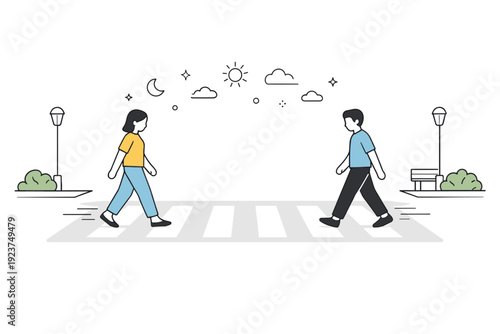 Pedestrian crossings no traffic. Two figures slowly crossing an empty street from opposite sides, soft lines showing motion. Balanced