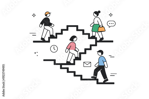 People on staircases. Abstract interior staircase with people reduced to simple shapes moving step by step. Focus on geometry, rhythm, and vertical spacing,