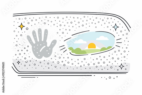 Fogged Window Handprint. Condensation close-ups. Car window fogged up with small dots of condensation and a single handprint or wipe mark revealing light