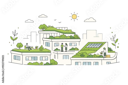 Urban heat mitigation green roofs. Rooftops covered with plants and greenery integrated into modern buildings, reducing heat and improving comfort. The scene